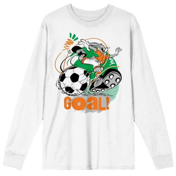 Looney Tunes Bugs Bunny Kicking Soccer Ball Adult White Crew Neck Long Sleeve Tee-Small