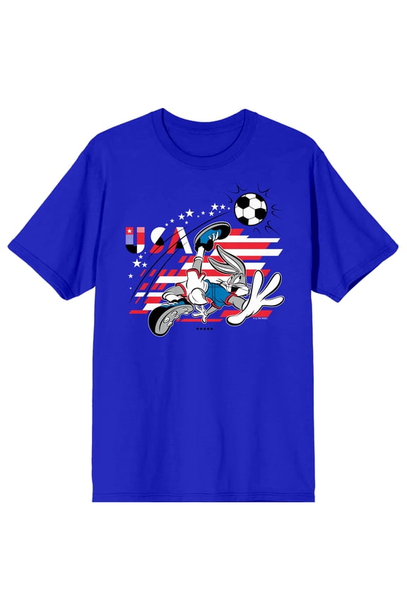 Looney Tunes Bugs Bunny Soccer USA Adult Royal Blue Crew Neck Short Sleeve T-shirt-XL