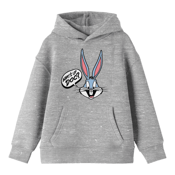 Looney Tunes Bugs Bunny Speech Bubble What's Up, Doc? Youth Heather Gray Graphic Hoodie-XL