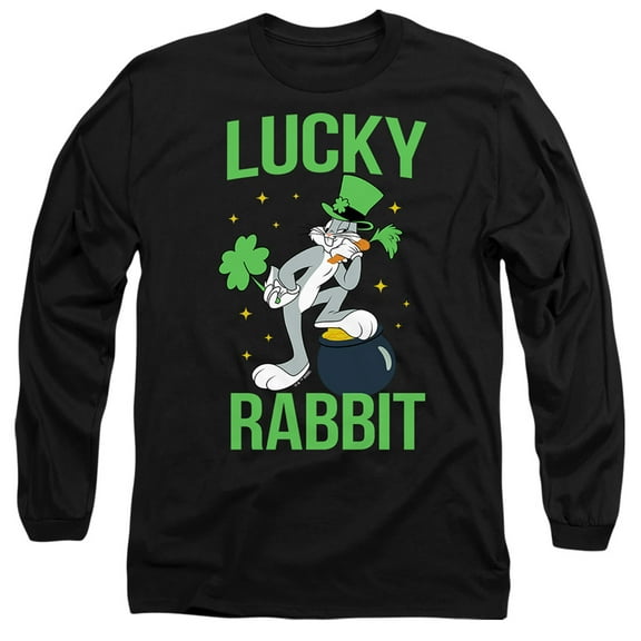 Looney Tunes Bugs Bunny St. Patrick's Lucky Rabbit Unisex Adult Long-Sleeve T Shirt (Small) Black