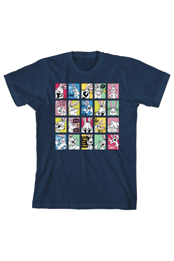 Looney Tunes Cartoon Bugs Bunny Faces Color Block Youth Boys Navy Tee-S