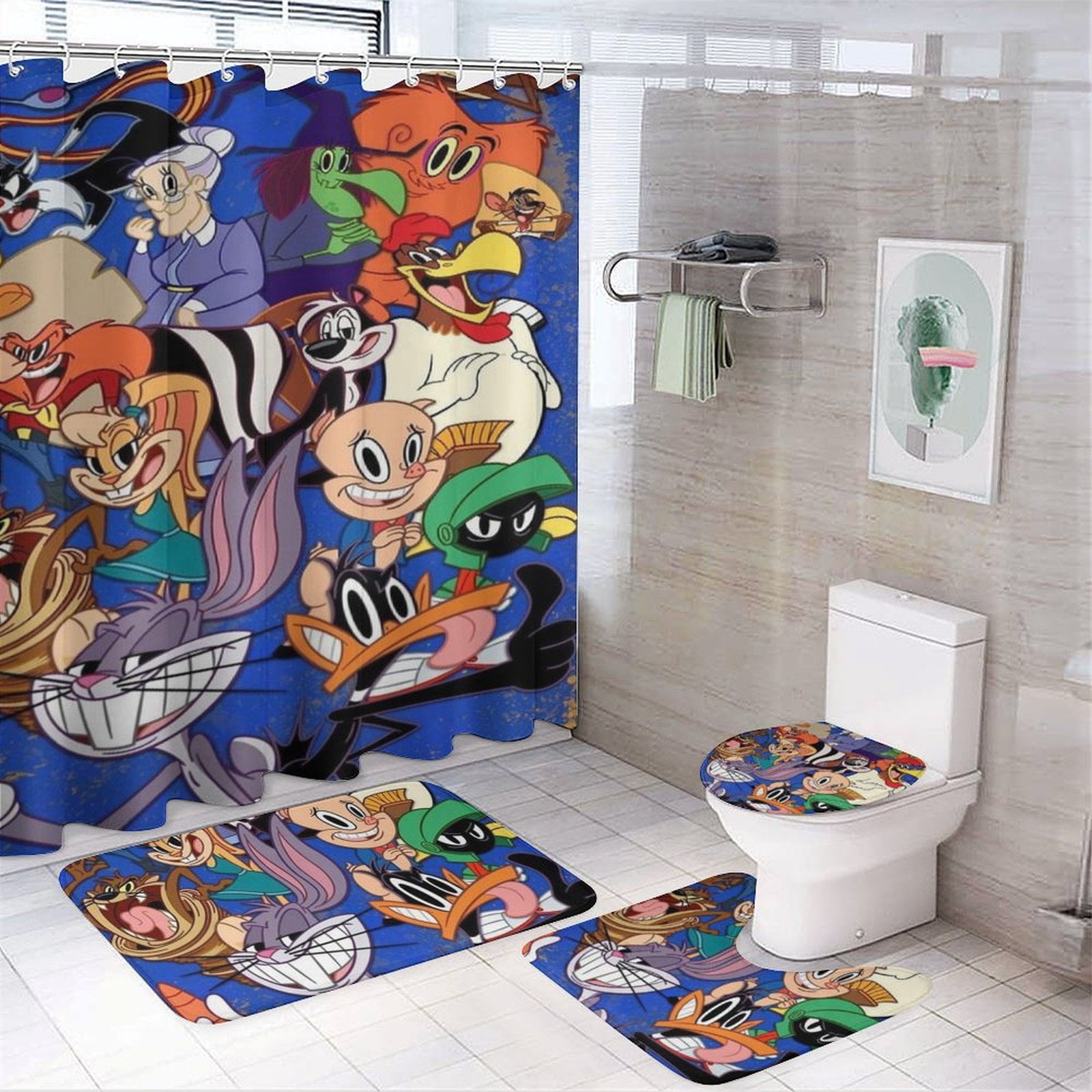 Looney Tunes Cartoons 4 Pcs Shower Curtain Sets with with Rugs And ...