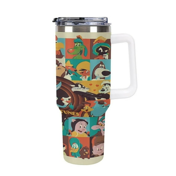 Looney Tunes Cartoons 40 Oz Tumbler with Handle And Straw, Stainless Steel Double Wall Vacuum Insulated Coffee Cup Travel Mug for Gym, Outdoors, Commute, Work