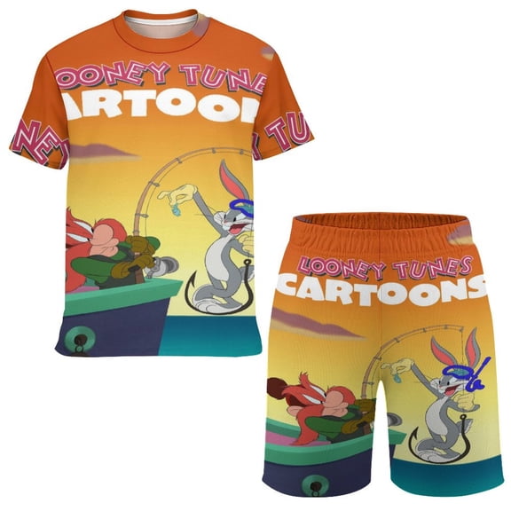 Looney Tunes Cartoons Boys Girls Short Sleeve Mesh T-Shirt And Shorts Outfit Set Summer Clothes Set for Kids