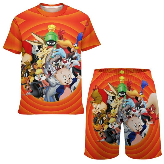 Looney Tunes Cartoons Boys Girls Short Sleeve Mesh T-Shirt And Shorts Outfit Set Summer Clothes Set for Kids