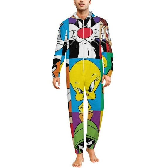 Looney Tunes Cartoons Men's Hooded Jumpsuit - Zip Up One Piece Pajamas Soft Cozy Winter Warm Plush Loungewear