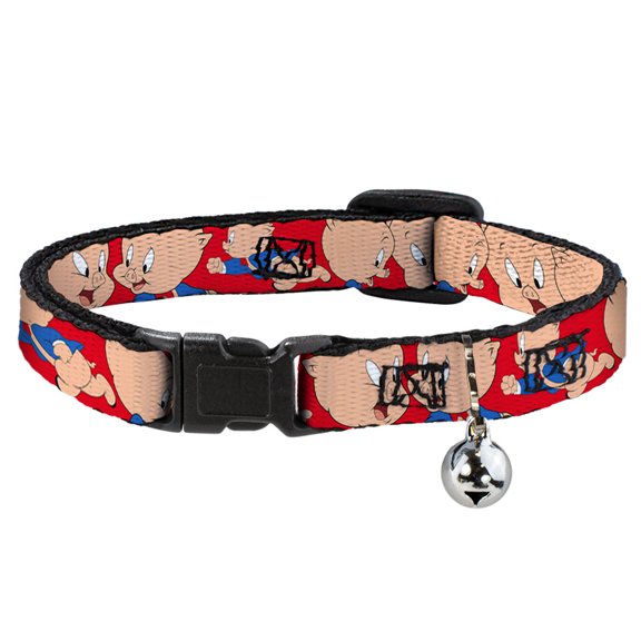 Looney Tunes Cat Collar, Breakaway Collar with Bell, Porky Pig Expressions Red, 8.5 to 12 Inches 0.5 Inch Wide