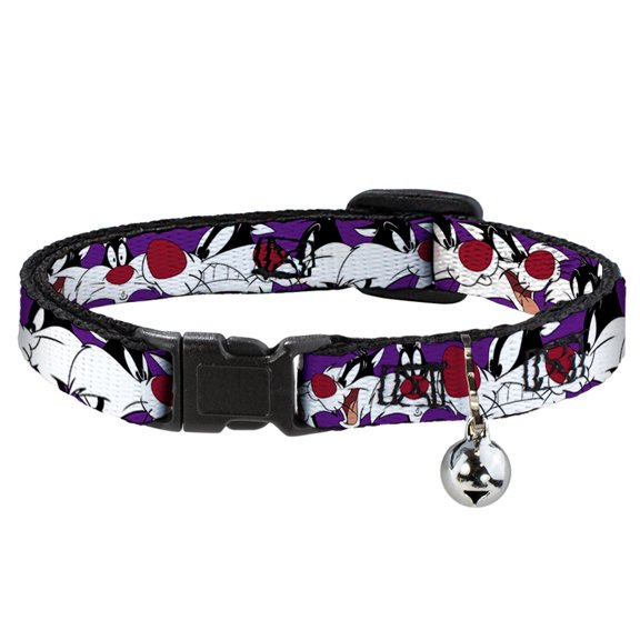 Looney Tunes Cat Collar, Breakaway Collar with Bell, Sylvester The Cat Expressions Purple, 8.5 to 12 Inches 0.5 Inch Wide