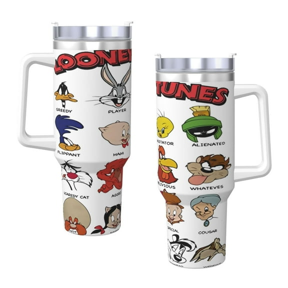 Looney Tunes 'Character Faces' 40 Oz Tumbler With Handle And Straw Double Wall Stainless Steel Sublimation Tumbler With Handle Leakproof,Bpa-Free,Keep Cold Hours