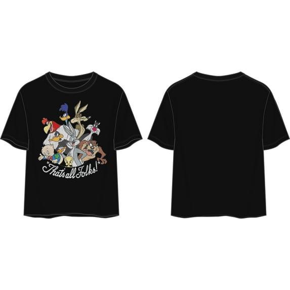 Looney Tunes Characters That's All Folks Women's Black Crop Top-Medium