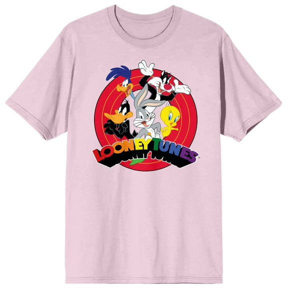 Looney Tunes Characters and Rainbow Title Men's Pink Short Sleeve Tee-Small