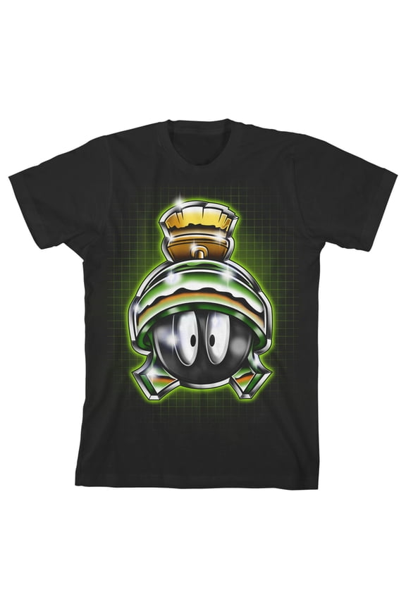 Looney Tunes Chrome Marvin the Martian Boy's Black T-shirt-Large