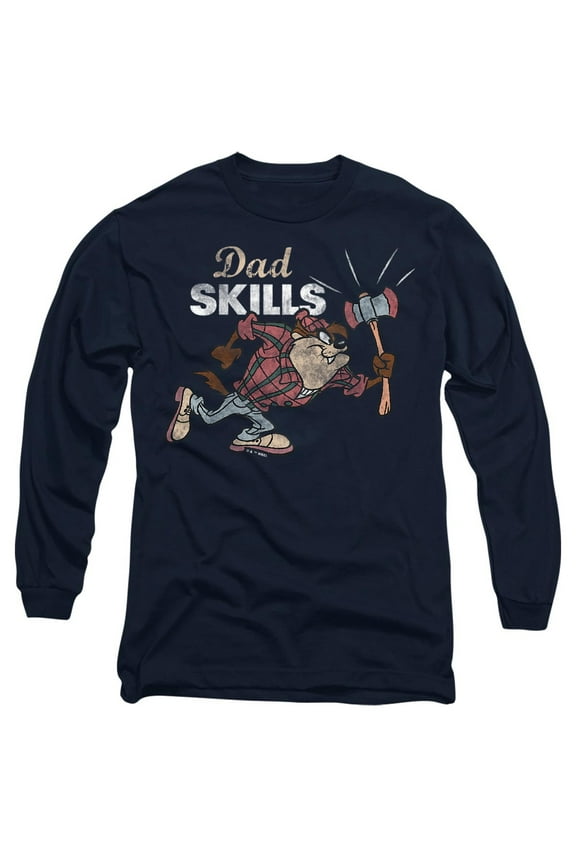 Father's Day Taz Dad Skills Unisex Adult Long-Sleeve T Shirt, Navy, Large