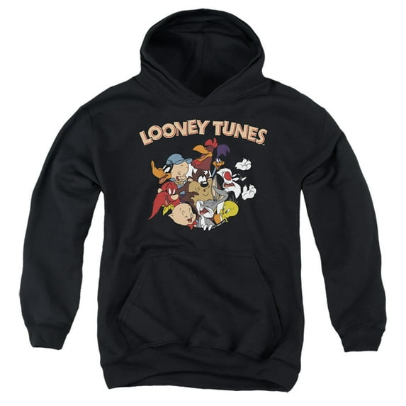 Looney Tunes Gang 1 Kids Pull-Over Hoodie (Large) for Youth Boys and Girls, Black