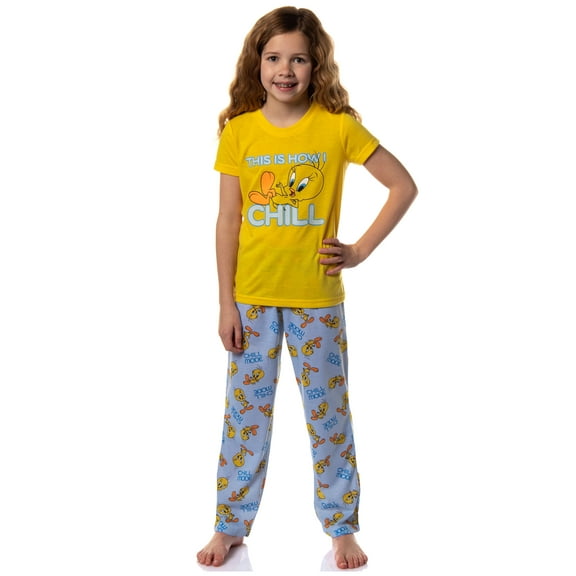 Looney Tunes Girls' Tweety Bird This Is How I Chill 2 Piece Short Sleeve Shirt and Pajama Pant Sleep Set Loungewear