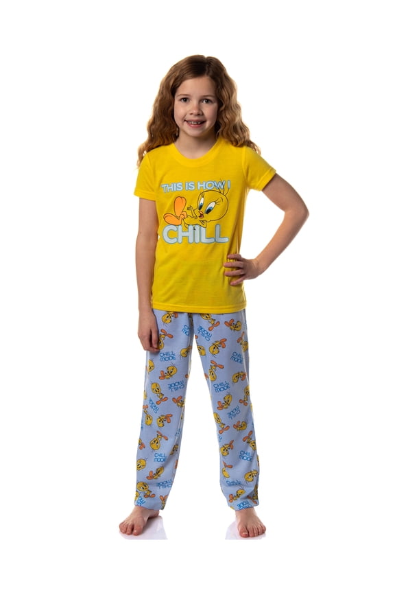 Looney Tunes Girls' Tweety Bird This Is How I Chill 2 Piece Short Sleeve Shirt and Pajama Pant Sleep Set Loungewear