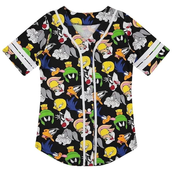 Looney Tunes Women's Baseball Jersey, Printed Allover Cartoon Baseball Shirt Black White - L