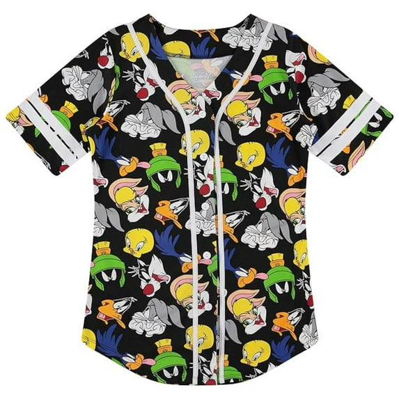 Looney Tunes Women's Baseball Jersey, Printed Allover Cartoon Baseball Shirt Black White - M