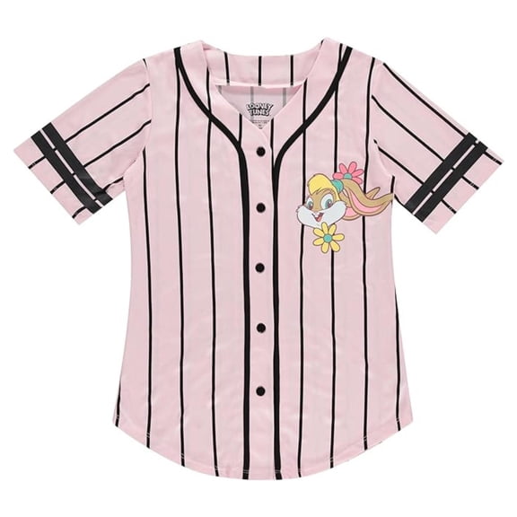 Looney Tunes Women's Baseball Jersey, Printed Cartoon Lola Bunny Striped Baseball Shirt Pink Black - M