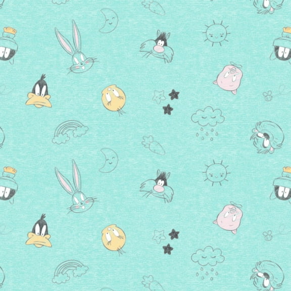 Looney Tunes Little Dreamer Characters On Heather Turquoise 100% Cotton Sold by The Yard