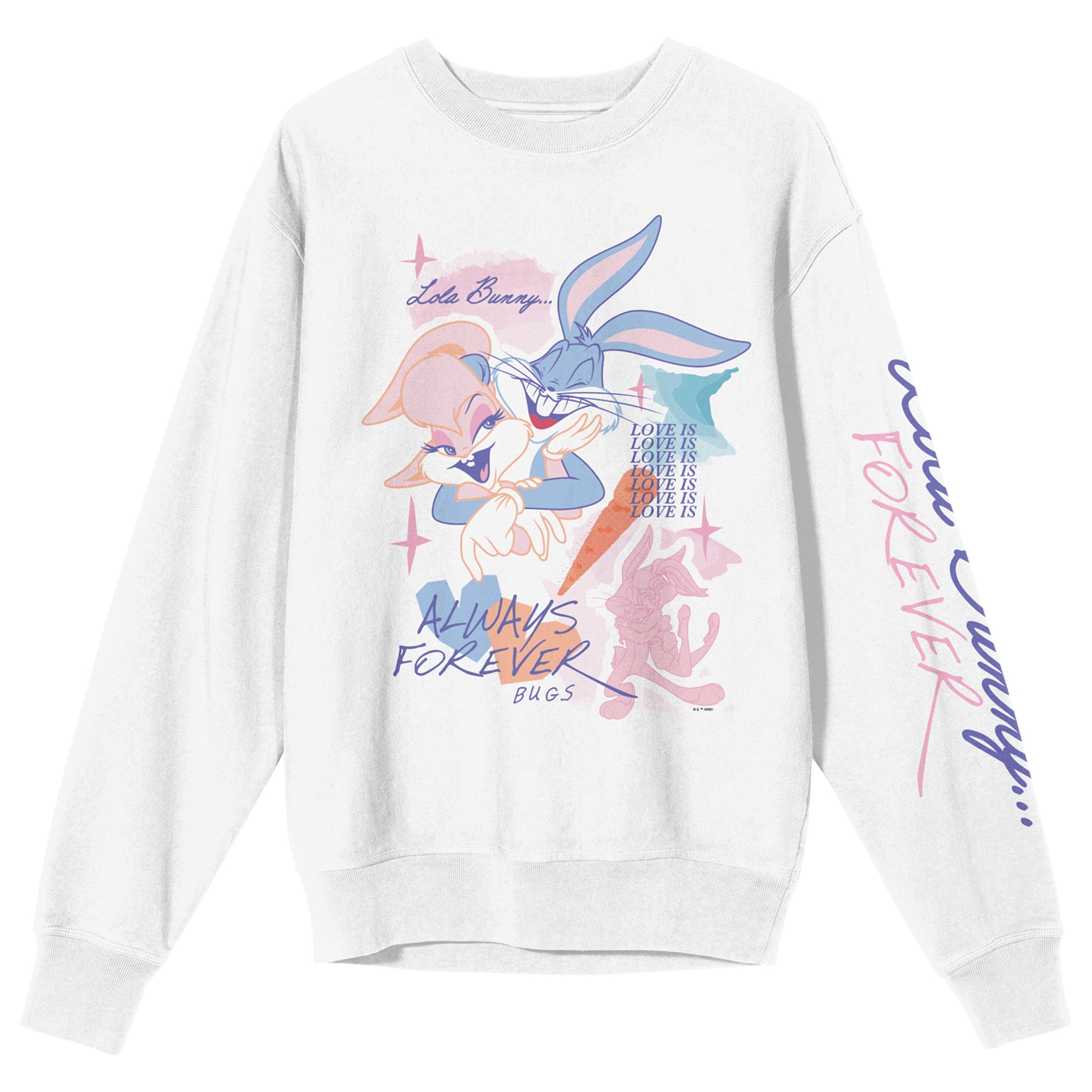 Looney Tunes Lola Bugs Bunny Always Forever Crew Neck Long Sleeve White Adult Sweatshirt