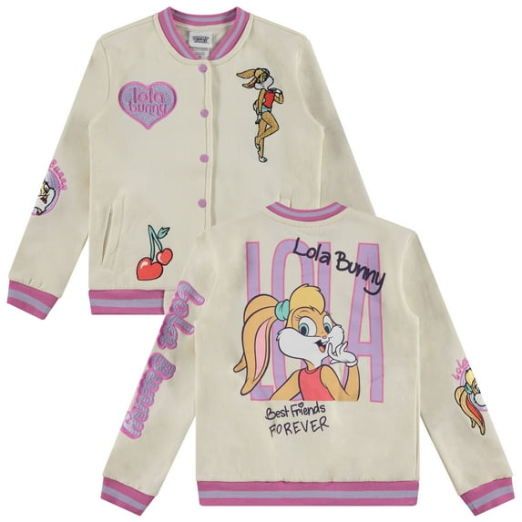 Looney Tunes Lola Bunny Varsity Bomber Jacket - Little and Big Girl Sizes 4-16, Ivory/Hot Pink, 10-12