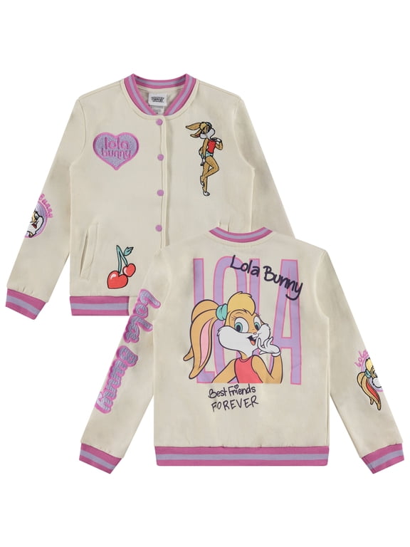 Lola Bunny Varsity Bomber Jacket - Little and Big Girl Sizes 4-16, Ivory/Hot Pink, 14-16