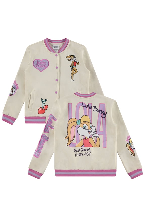 Lola Bunny Varsity Bomber Jacket - Little and Big Girl Sizes 4-16, Ivory/Hot Pink, 7-8