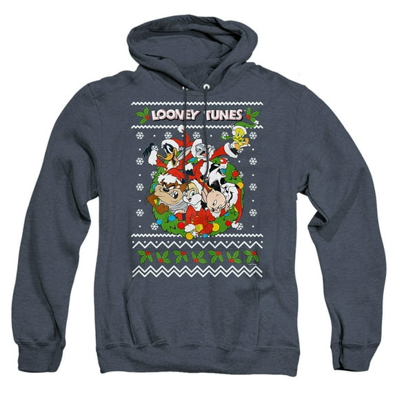 Looney Tunes Looney Christmas Ugly Christmas Unisex Adult Pull-Over Heather Hoodie,Navy, X-Large