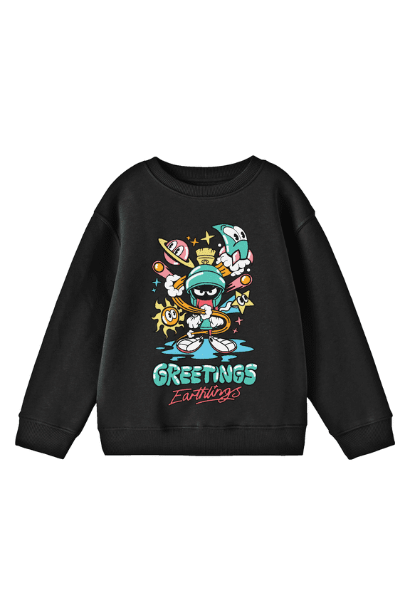 Looney Tunes Marvin the Martian Hello Earthlings Youth Black Crew Neck Sweatshirt-Large