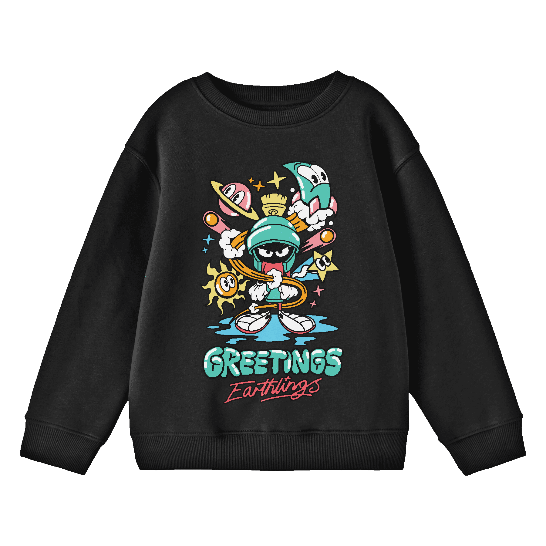 Looney Tunes Marvin the Martian Hello Earthlings Youth Black Crew Neck Sweatshirt Medium