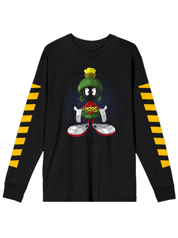Looney Tunes Marvin the Martian and Yellow Pattern Men's Black Long Sleeve Tee-M