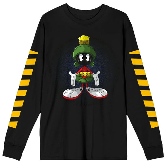 Looney Tunes Marvin the Martian and Yellow Pattern Men's Black Long Sleeve Tee-XXL