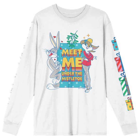 Looney Tunes Meet Me Under The Mistletoe Crew Neck Long Sleeve White Adult Tee-Medium