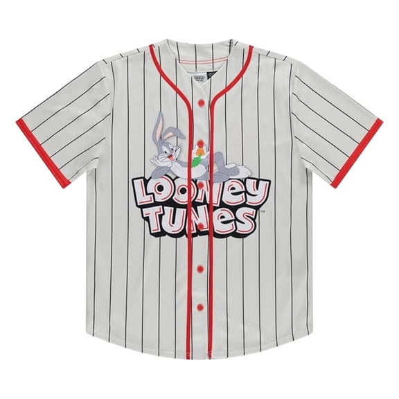 Looney Tunes Men's Baseball Jersey, Printed Classic Cartoon Stripe Bugs Bunny Baseball Shirt Silver - M