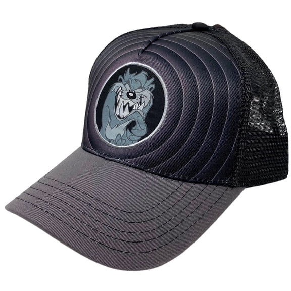 Looney Tunes Men's Officially Licensed Circle Patch Black and Grey Trucker Hat Cap (The Tasmanian Devil)