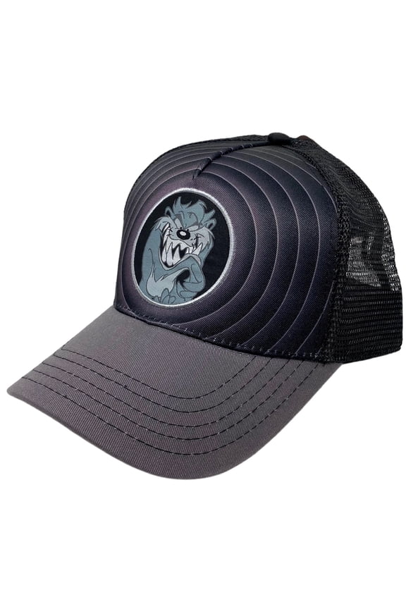 Looney Tunes Men's Officially Licensed Circle Patch Black and Grey Trucker Hat Cap (The Tasmanian Devil)