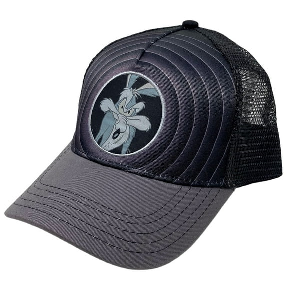 Looney Tunes Men's Officially Licensed Circle Patch Black and Grey Trucker Hat Cap (Wile E. Coyote)