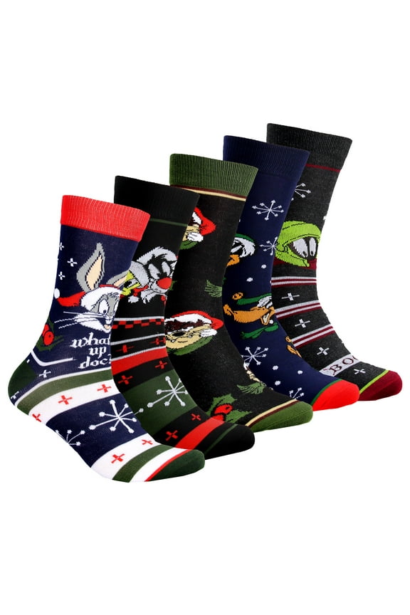 Looney Tunes Mens Character Christmas Holiday Novelty Crew Socks 5 Pack