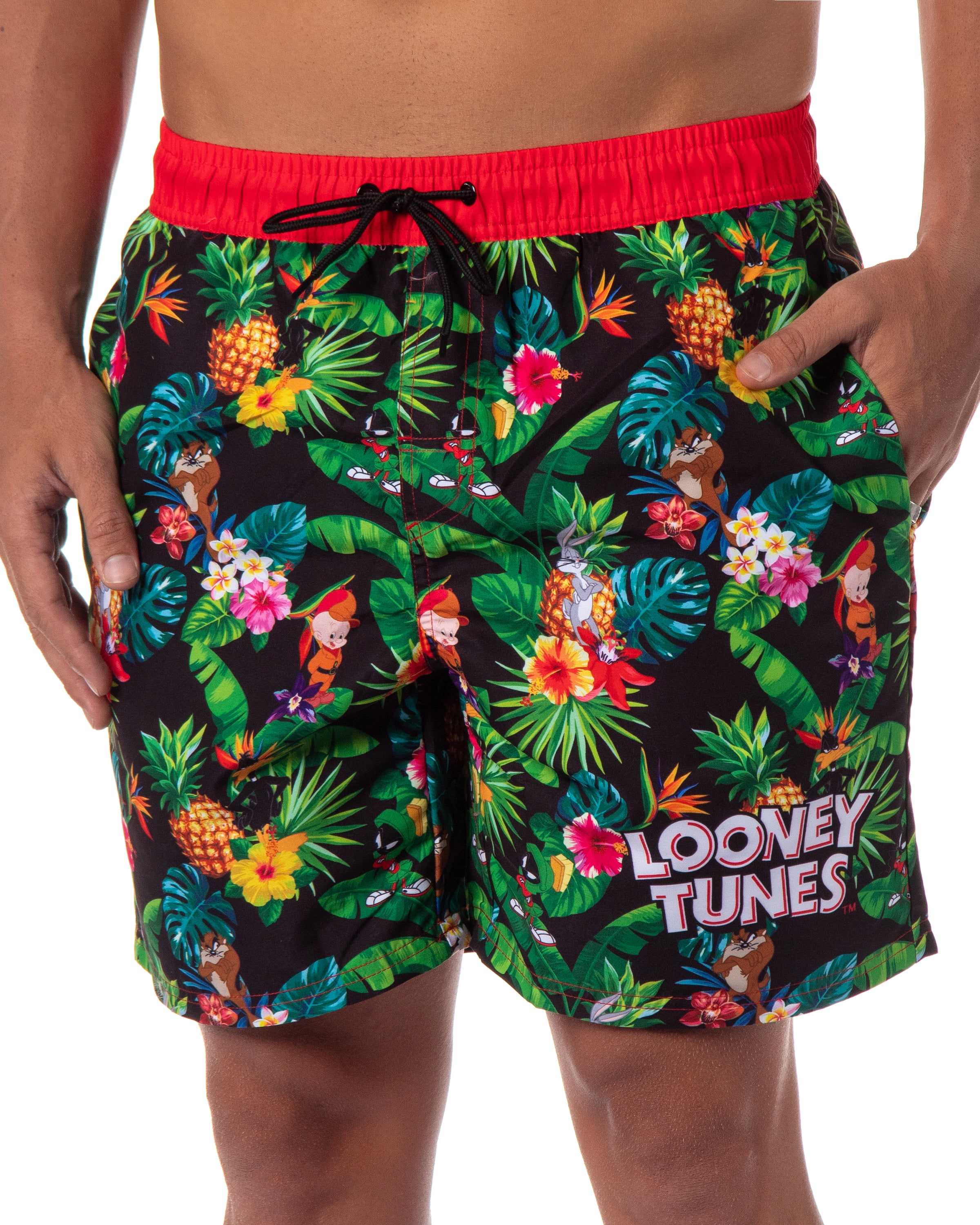 Looney Tunes Mens' Tropical Print Character Swim Trunks Bathing Suit (X