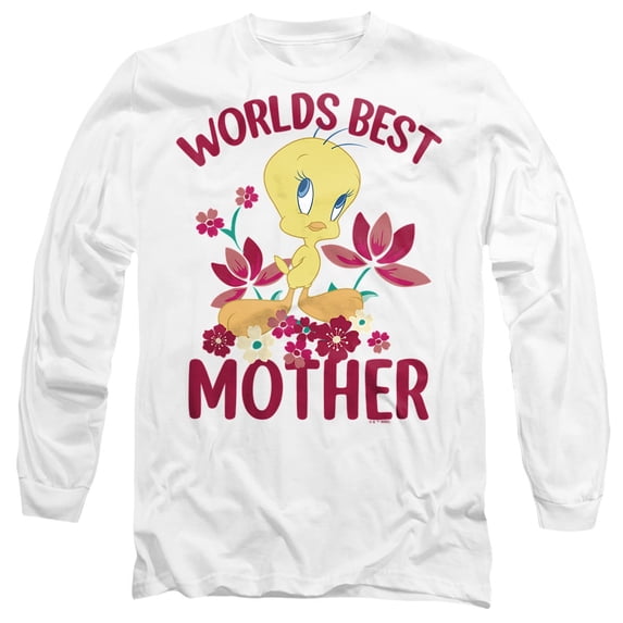 Looney Tunes Mother's Day Tweety Worlds Best Mom Unisex Adult Long-Sleeve T Shirt, White, 3X-Large