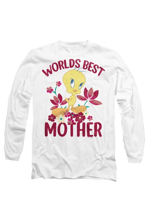 Mother's Day Tweety Worlds Best Mom Unisex Adult Long-Sleeve T Shirt, White, Small