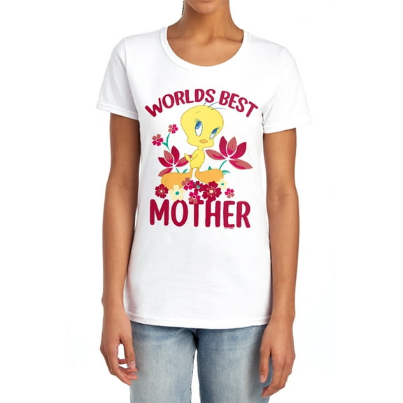 Looney Tunes Mother's Day Tweety Worlds Best Mom Women's T Shirt, White, Large