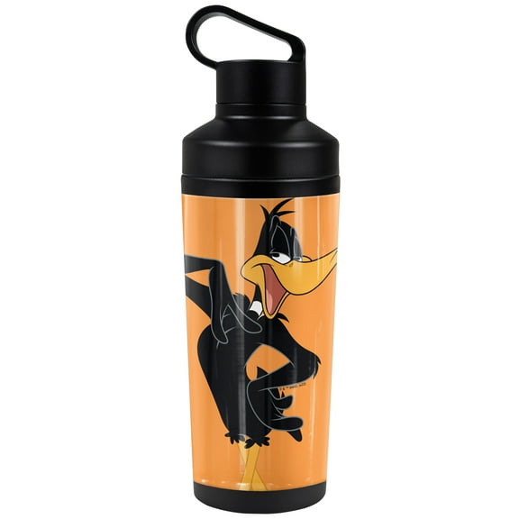 Looney Tunes Official Daffy Duck Orange Background 18 oz Insulated Water Bottle, Leak Resistant, Vacuum Insulated Stainless Steel with 2-in-1 Loop Cap