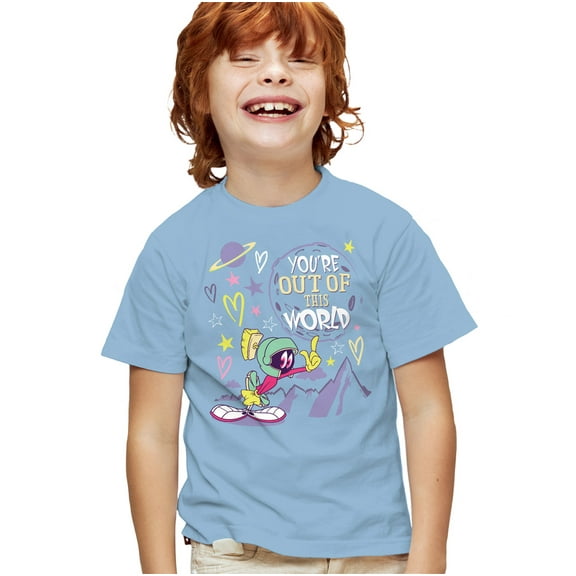 Looney Tunes Out Of This World Valentine Kids T Shirt for Youth Boys and Girls, Light Blue, Large
