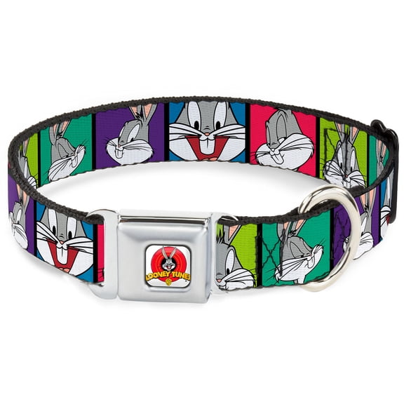 Looney Tunes Pet Collar, Dog Collar Metal Seatbelt Buckle, Bugs Bunny Expression Blocks Multi Color, 15 to 24 Inches 1.0 Inch Wide