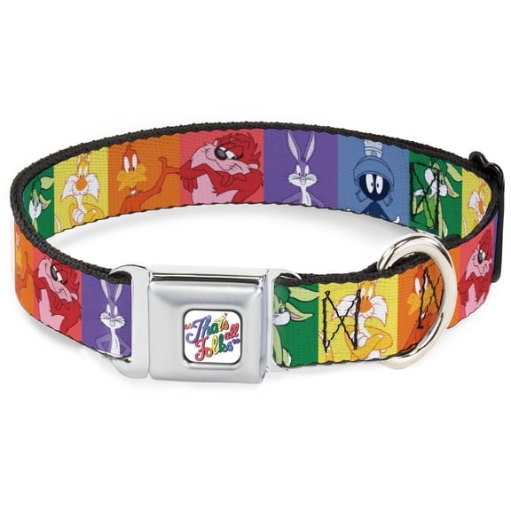 Looney Tunes Pet Collar, Dog Collar Metal Seatbelt Buckle, Looney Tunes Character Pose Pride Blocks Multi Color, 15 to 24 Inches 1.0 Inch Wide