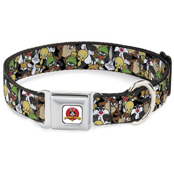Looney Tunes Pet Collar, Dog Collar Metal Seatbelt Buckle, Looney Tunes Character Stacked Collage4, 11 to 16.5 Inches 1.0 Inch Wide