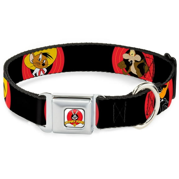 Looney Tunes Pet Collar, Dog Collar Metal Seatbelt Buckle, Looney Tunes Characters Bullseye Pose Black, 16 to 23 Inches 1.5 Inch Wide