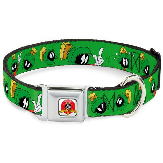 Looney Tunes Pet Collar, Dog Collar Metal Seatbelt Buckle, Marvin the Martian Poses Expressions Green, 16 to 23 Inches 1.5 Inch Wide